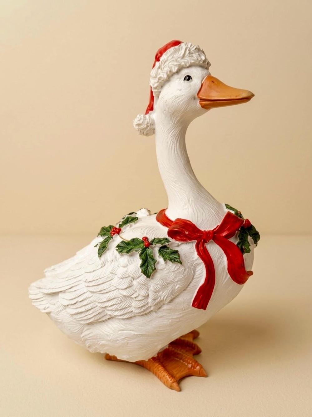 Christmas Resin White Goose Holiday Figurine with Red Hat and Bow